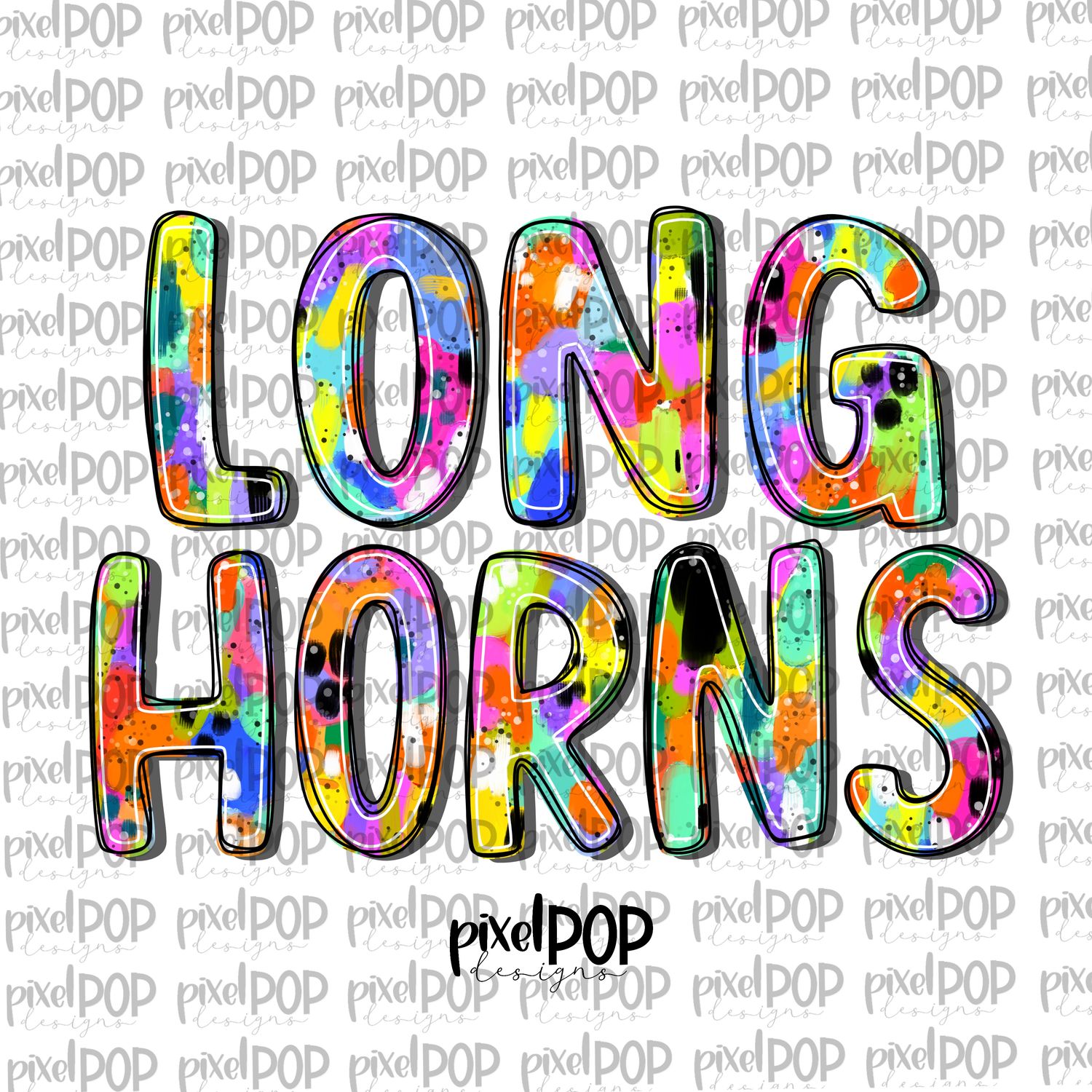 Longhorns Abstract Acrylic Bright Mascots Hand Lettered Style PNG