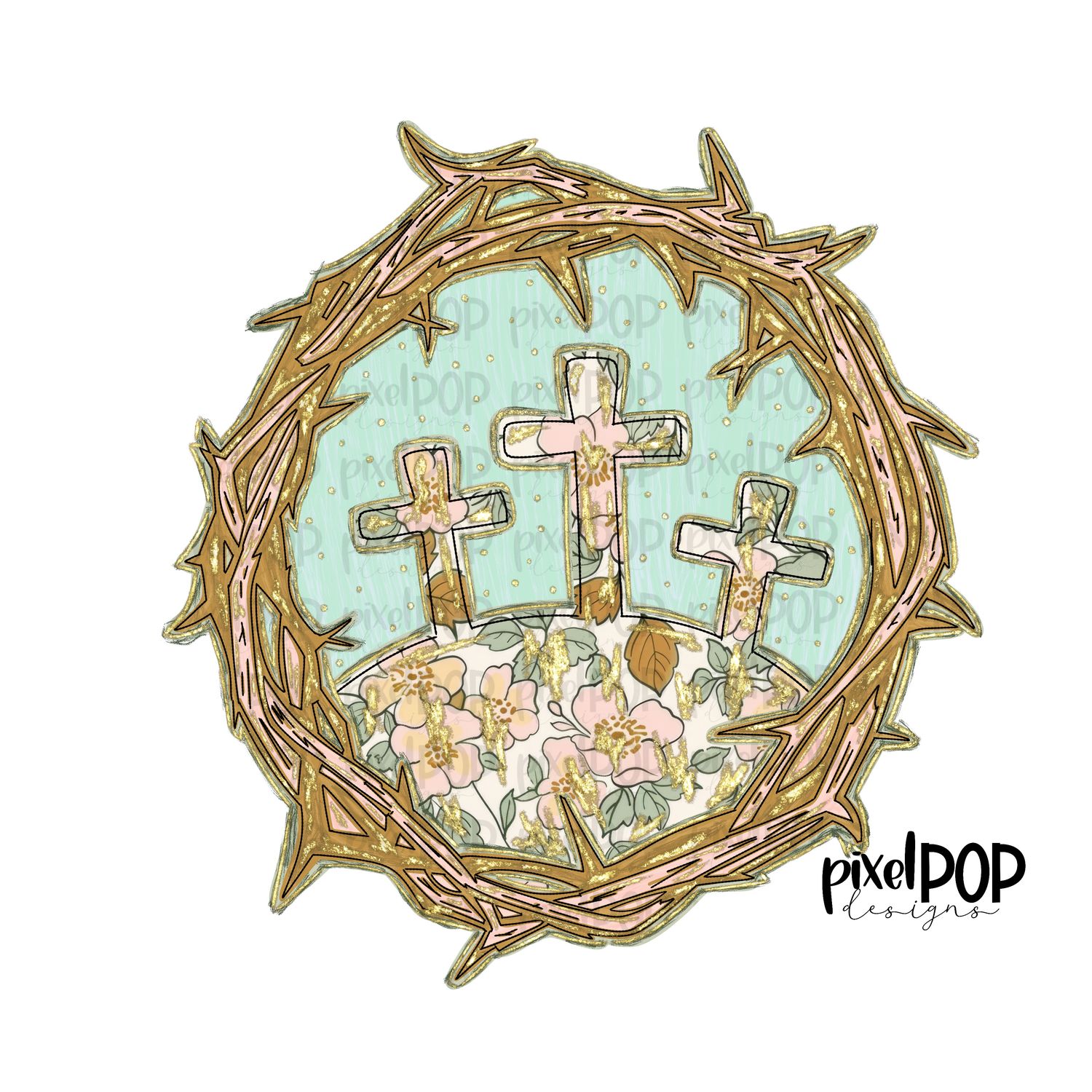 Crown of Thorns Jesus Crosses Floral Easter Resurrection PNG | Religious Stone Design | He is Risen | Seasonal Design | Sublimation Design