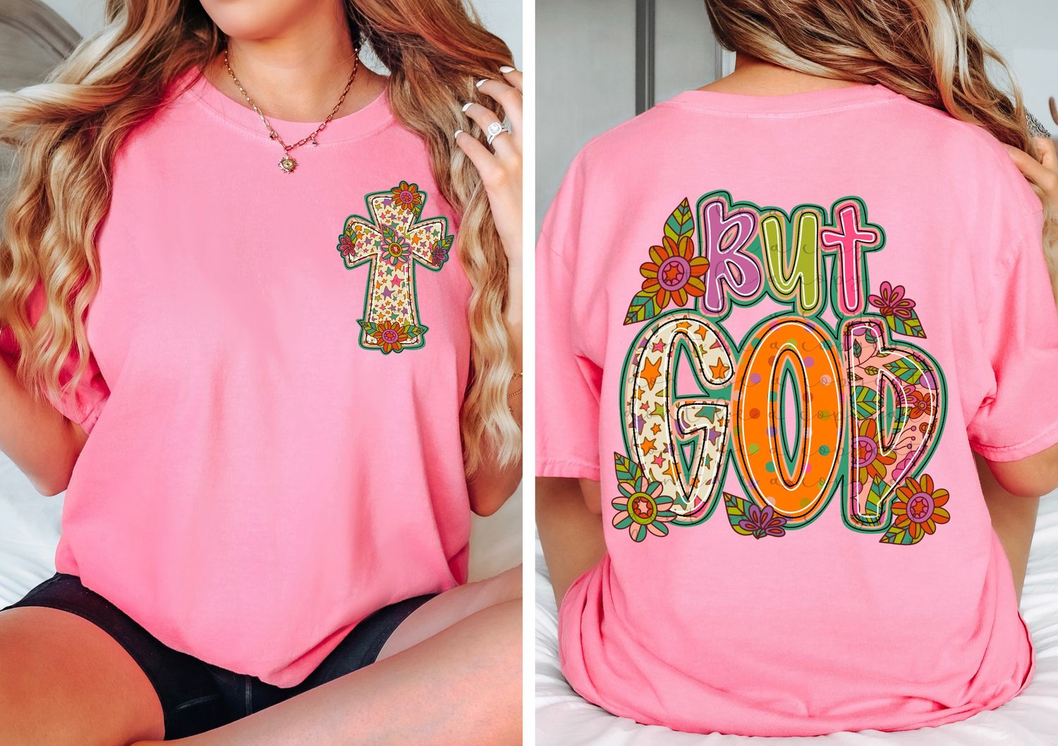 But God Retro Floral and Cross 2 PNGs | Religious Design | He is Risen | Seasonal Design | Sublimation Design