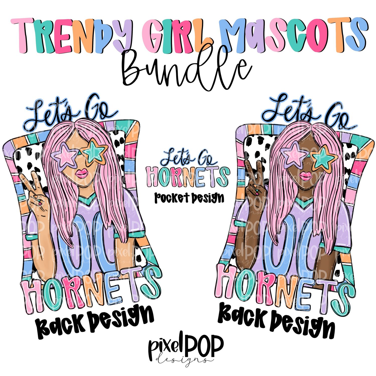 BUNDLE: Trendy Girl &quot;Let&#39;s Go&quot; Mascots (2 Skin Colors) 120 PNG Files