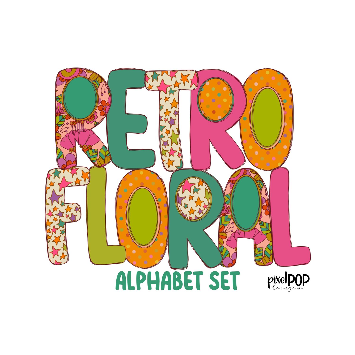 Retro Floral Alphabet Letter Set | Alphapack Font | Watercolor | PNG | Sublimation Doodle Letter | Font Set | Transfer Letters