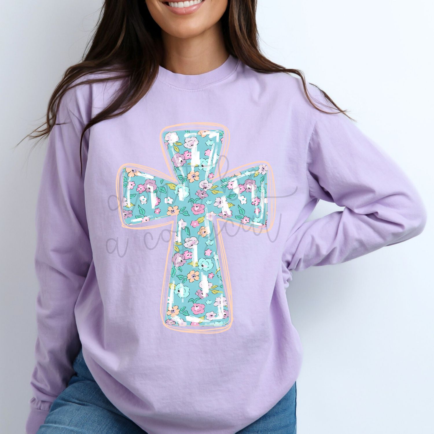 Turquoise Floral Cross Easter PNG Design | Flower Cross | Christian Religious Sublimation | Digital Download | Bible Verse | Paint Stroke