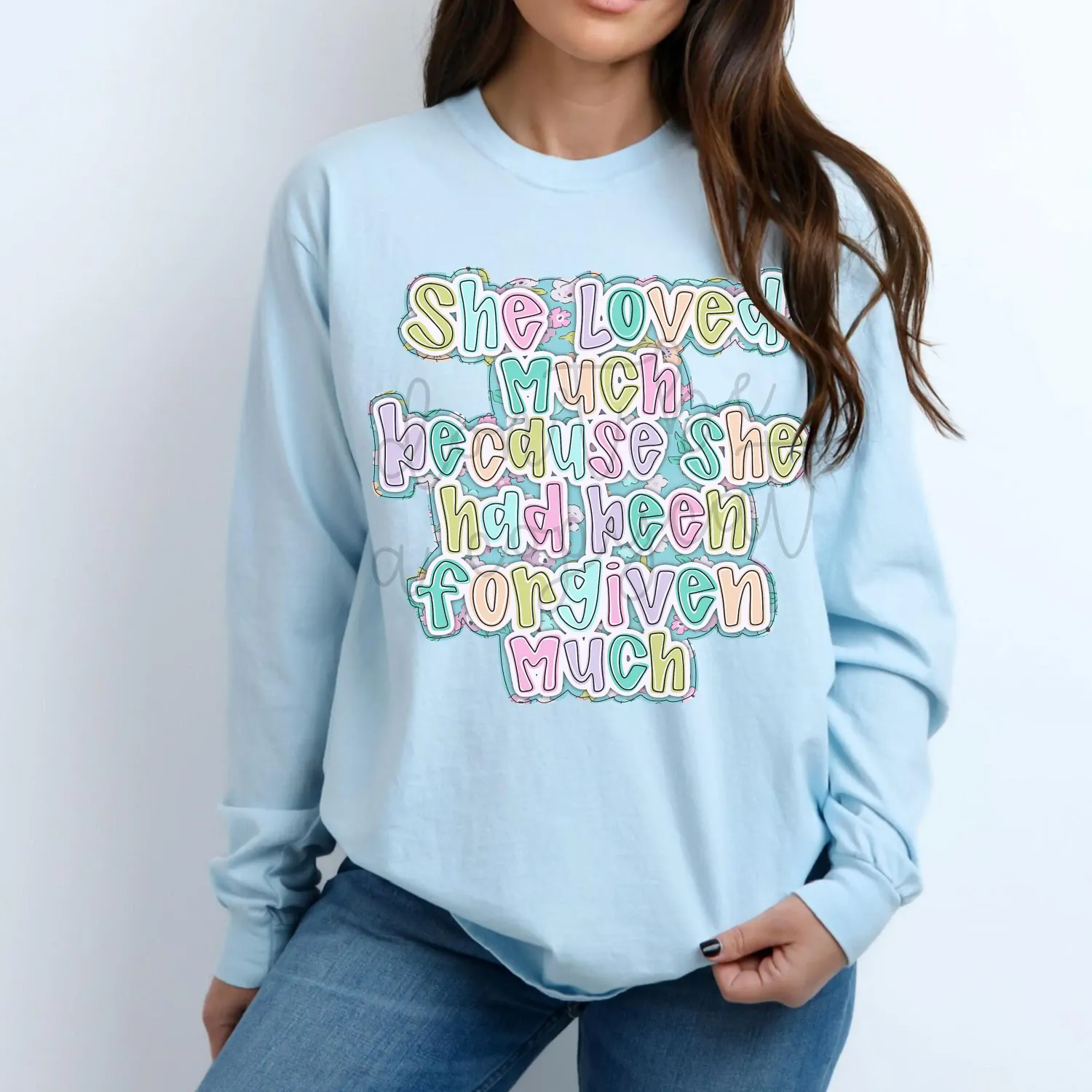 She Loved Much Because She Had Been Forgiven Much PNG Religious Faith Christian PNG Design with Bible Verse Prayer Digital Hymn Digital Art