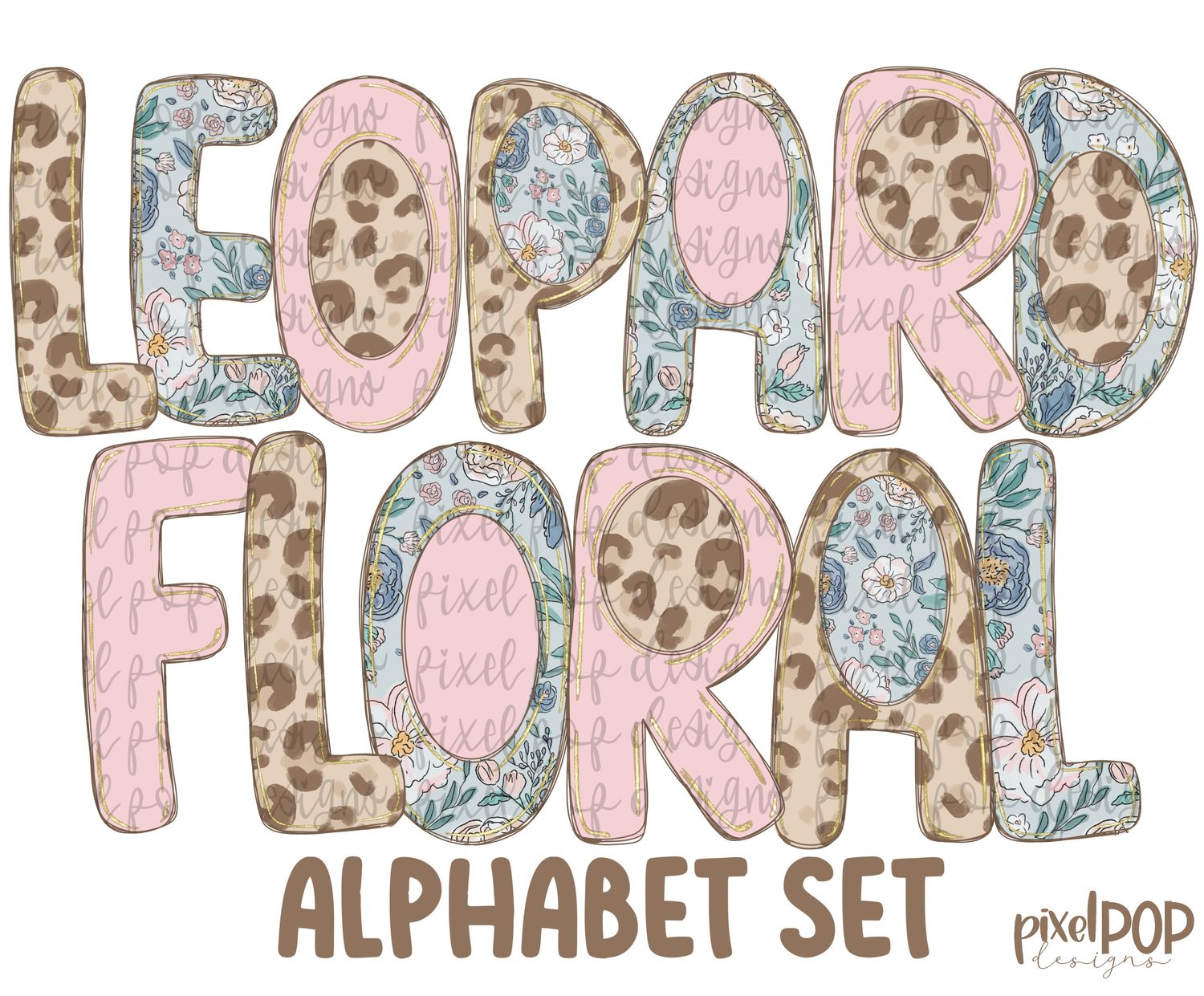 Muted Leopard Floral Alphabet Letter Set | Alphapack Font | Watercolor | PNG | Sublimation Doodle Letter | Font Set | Transfer Letters