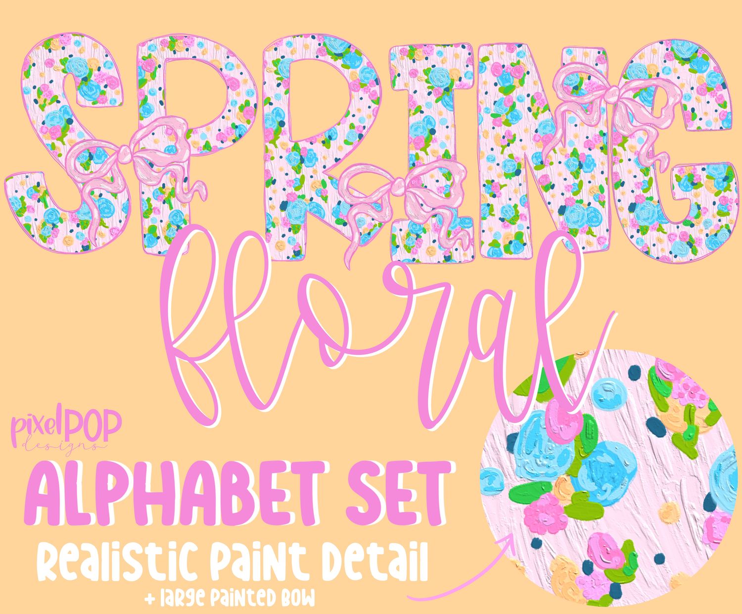 Spring Slowers Realistic Paint Texture in Pink Alphabet Letter PNG Set Alphapack Font DTF Sublimation Doodle Letter Font Set Transfer Letters