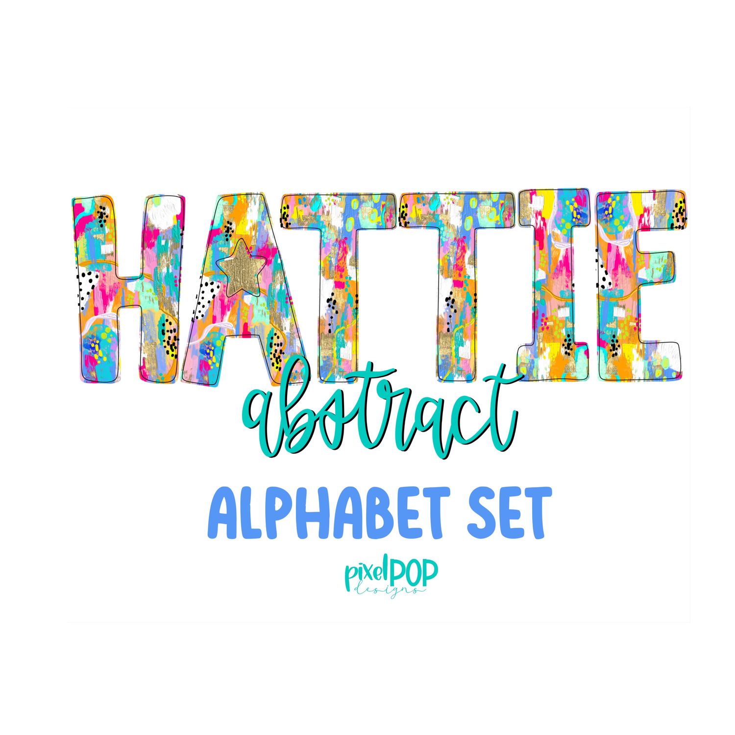 Hattie Abstract Realistic Paint Texture Alphabet Letter PNG Set Alphapack Font DTF Sublimation Doodle Letter Font Set Transfer Letters