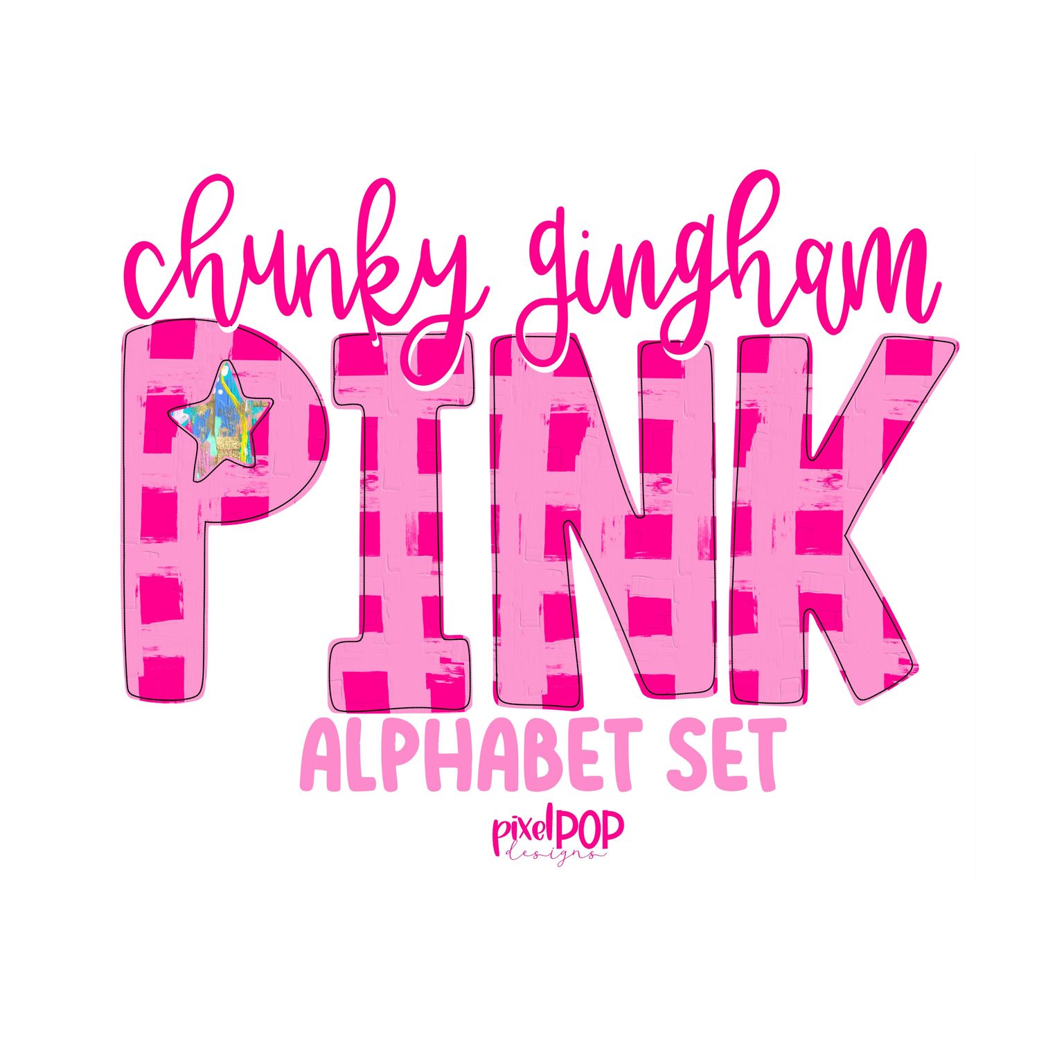 Chunky Gingham Pink Realistic Paint Texture Alphabet Letter PNG Set Alphapack Font DTF Sublimation Doodle Letter Font Set Transfer Letters