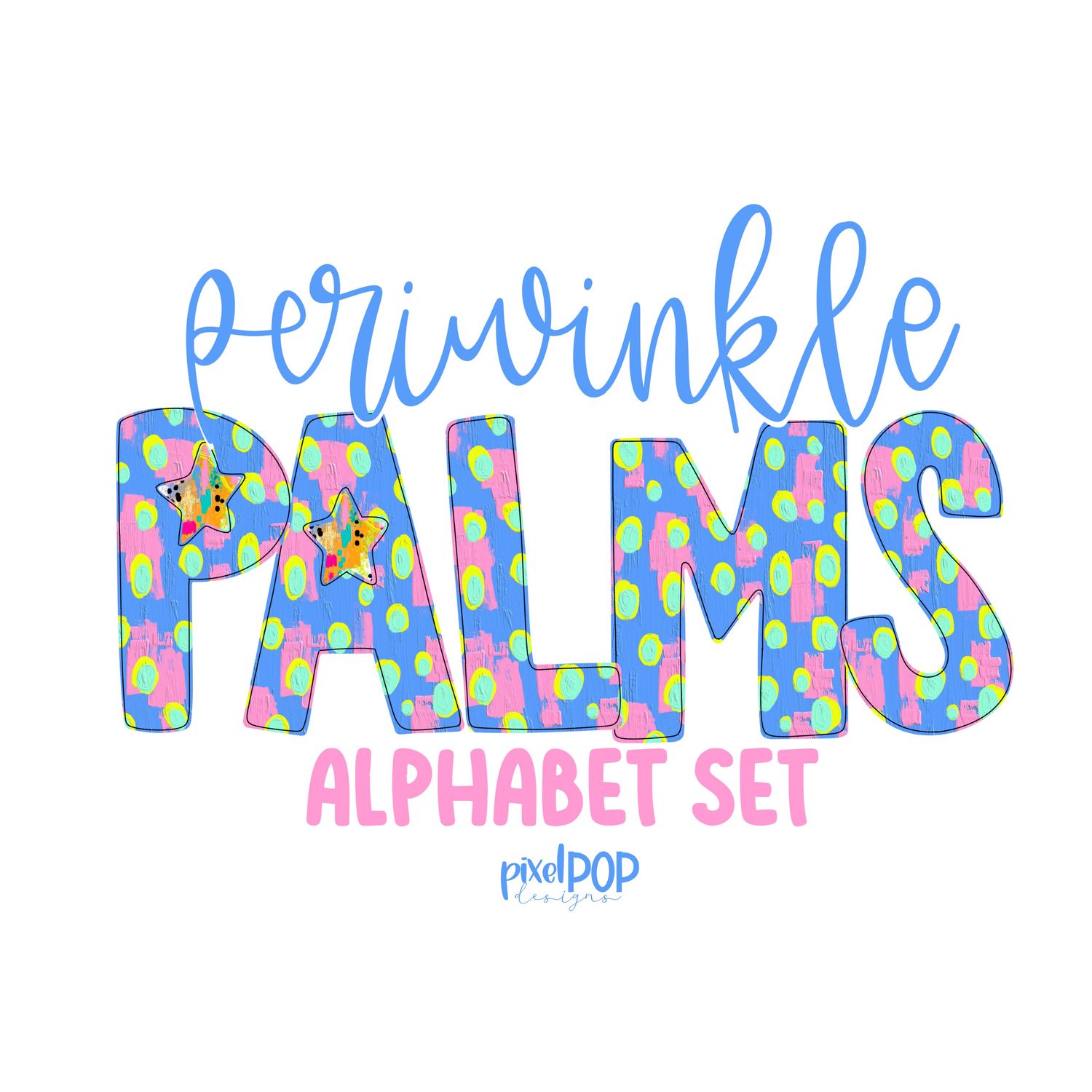 Periwinkle Palms Realistic Paint Texture Alphabet Letter PNG Set Alphapack Font DTF Sublimation Doodle Letter Font Set Transfer Letters
