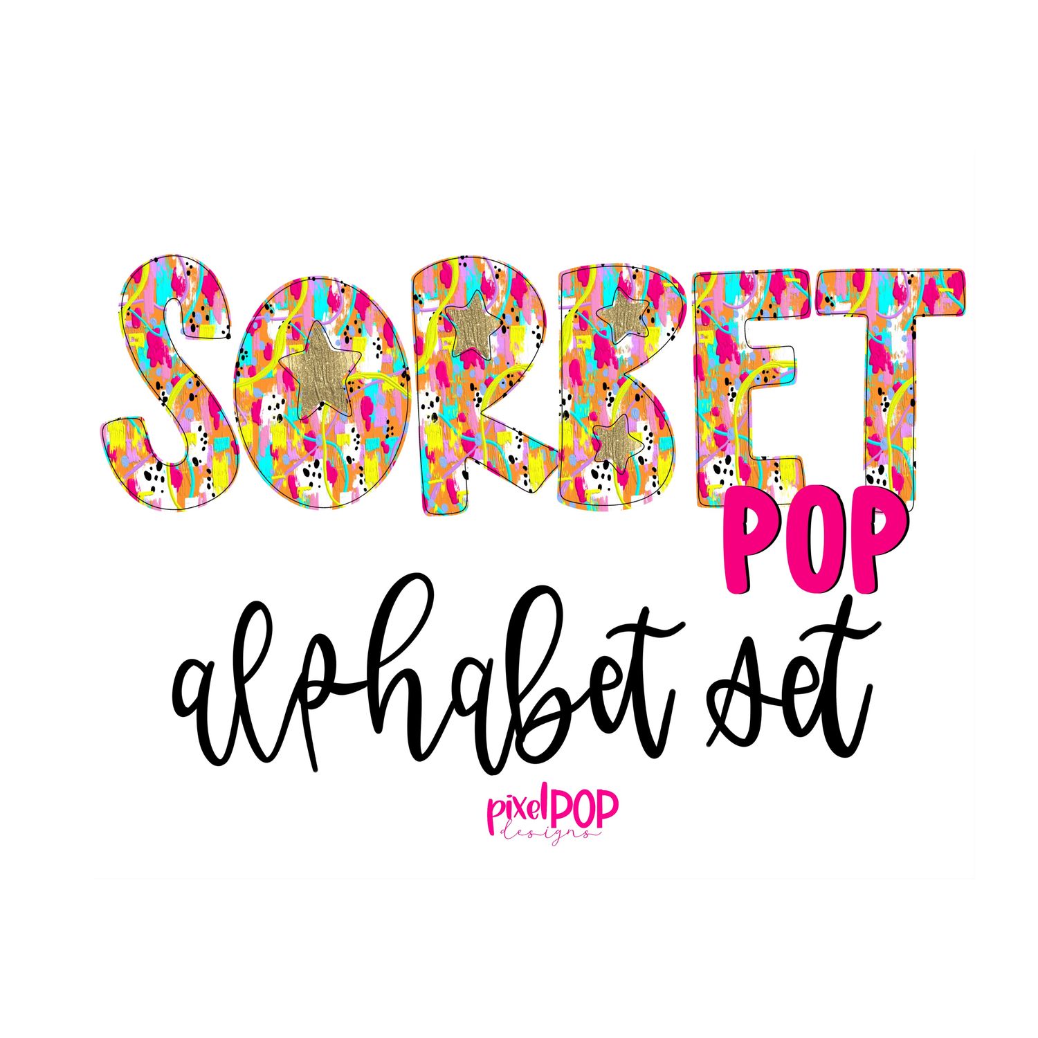 Sorbet Pop Realistic Paint Texture Alphabet Letter PNG Set Alphapack Font DTF Sublimation Doodle Letter Font Set Transfer Letters