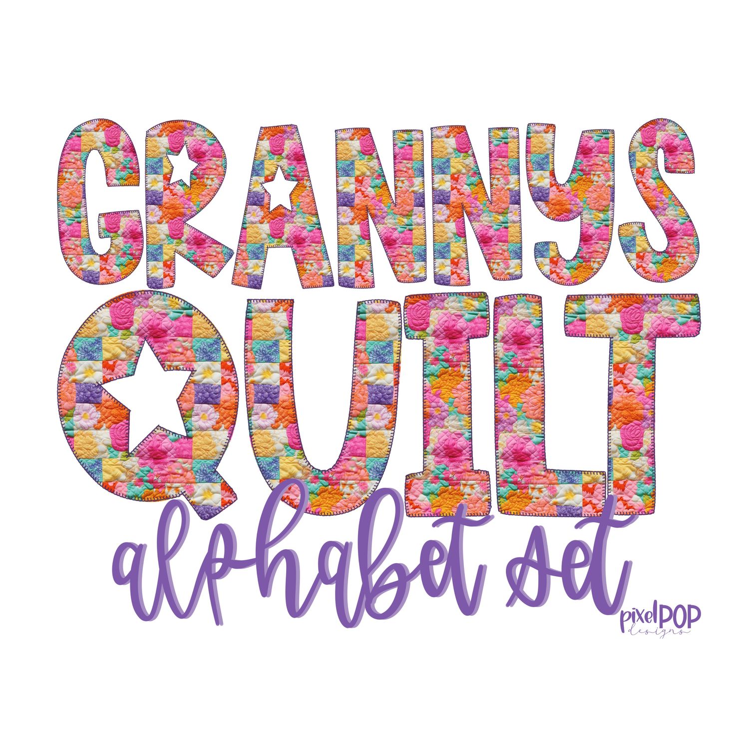 Granny&#39;s Quilt Realistic Blanket Stitching Alphabet Letter PNG Set Alphapack Font DTF Sublimation Doodle Letter Font Set Transfer Letters