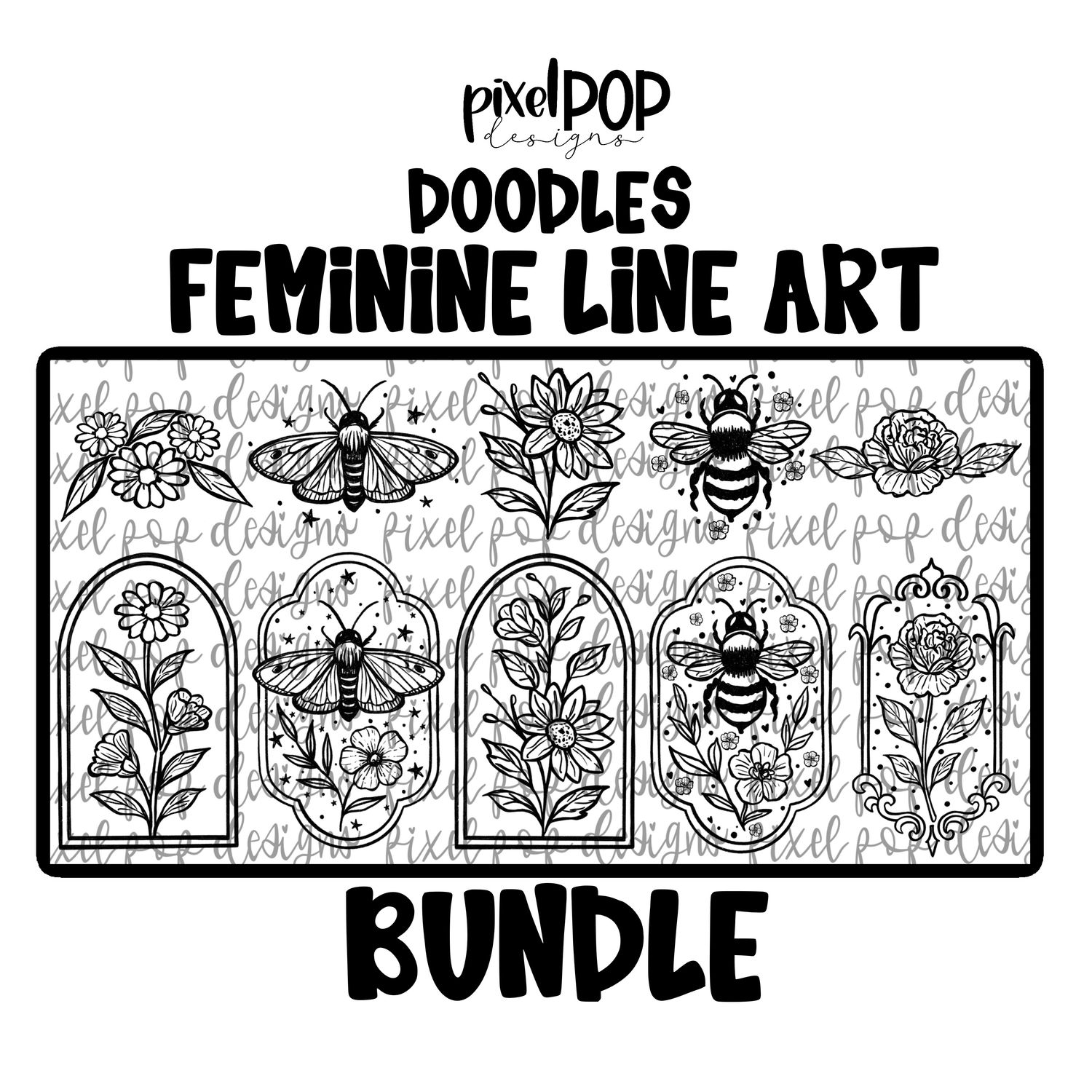 BUNDLE: Feminine Line Art Doodles (Available in White + Black)