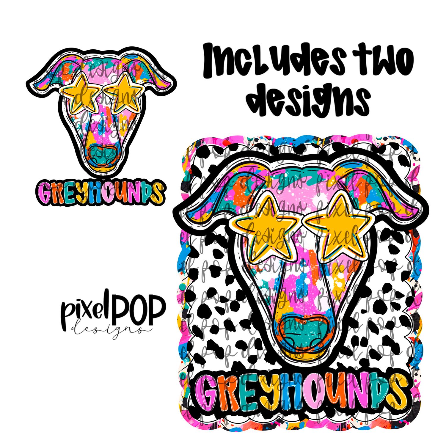 Graffiti Dotty Mascot Greyhounds Hand Drawn PNG Design - You receive 2 separate PNG files