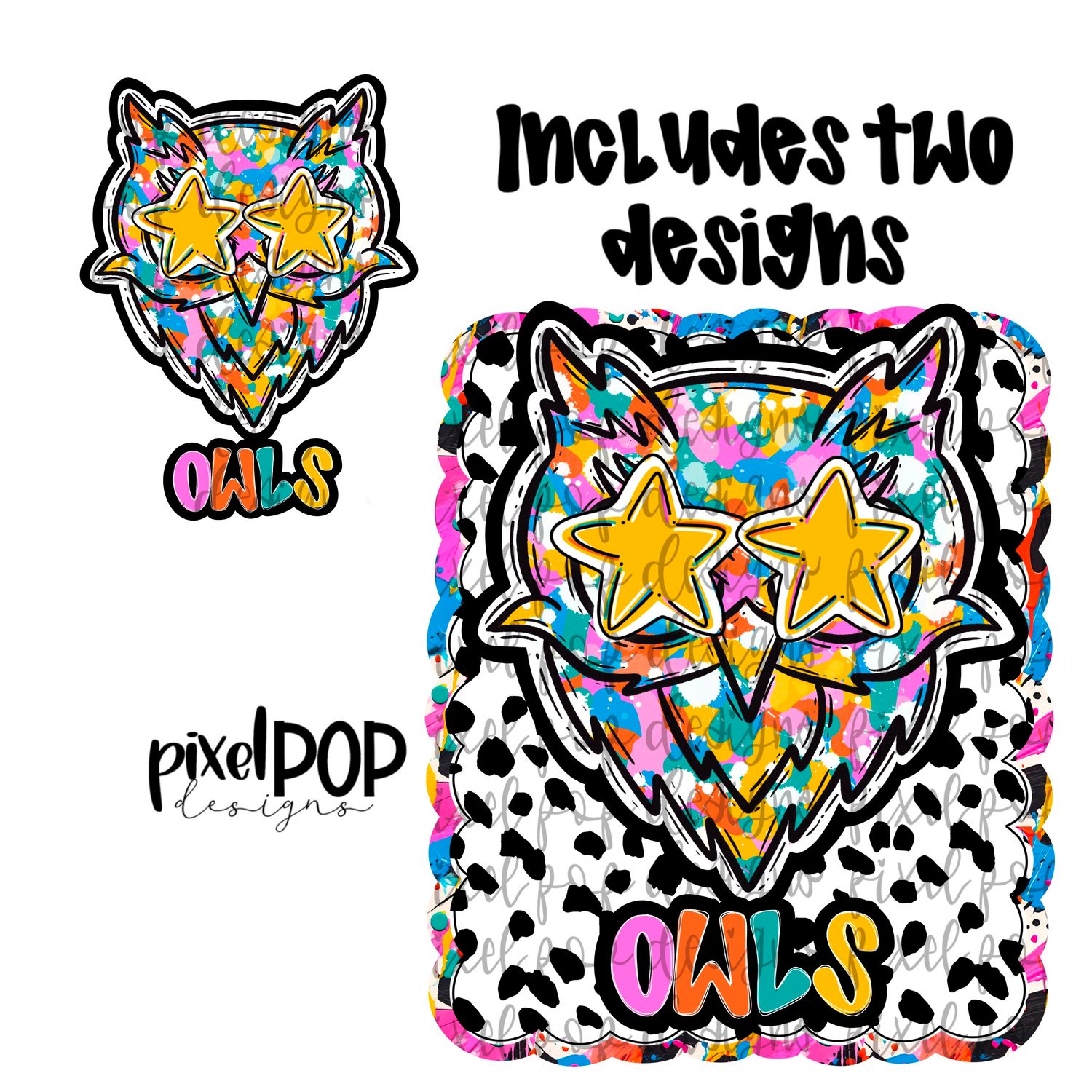 Graffiti Dotty Mascot Owls Hand Drawn PNG Design - You receive 2 separate PNG files