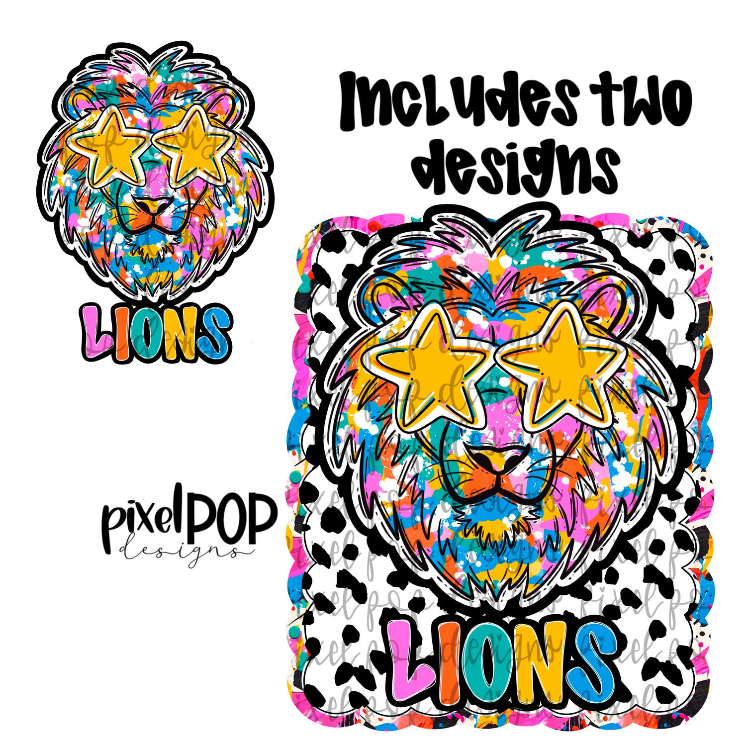 Graffiti Dotty Mascot Lions Lion Hand Drawn PNG Design - You receive 2 separate PNG files
