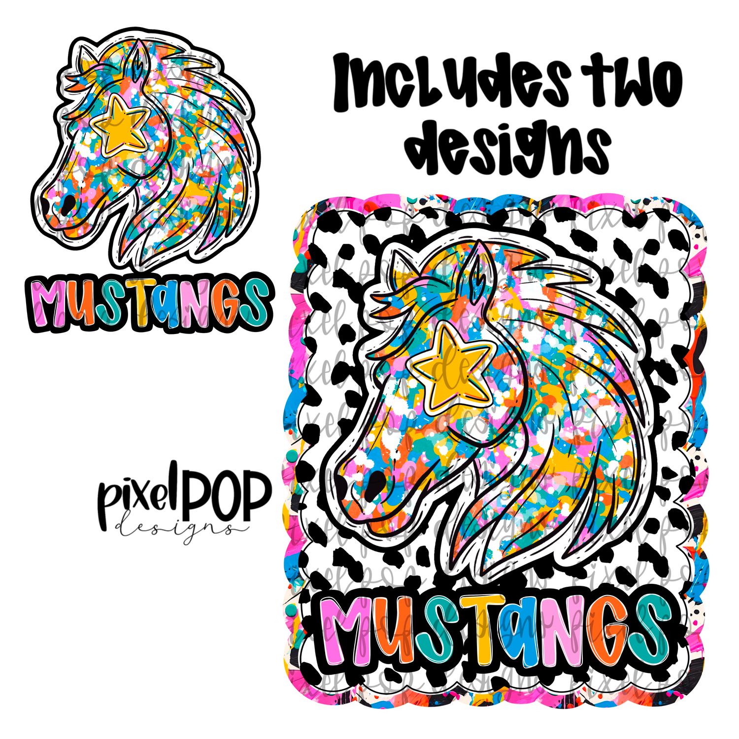 Graffiti Dotty Mascot Mustangs Mustang Hand Drawn PNG Design - You receive 2 separate PNG files