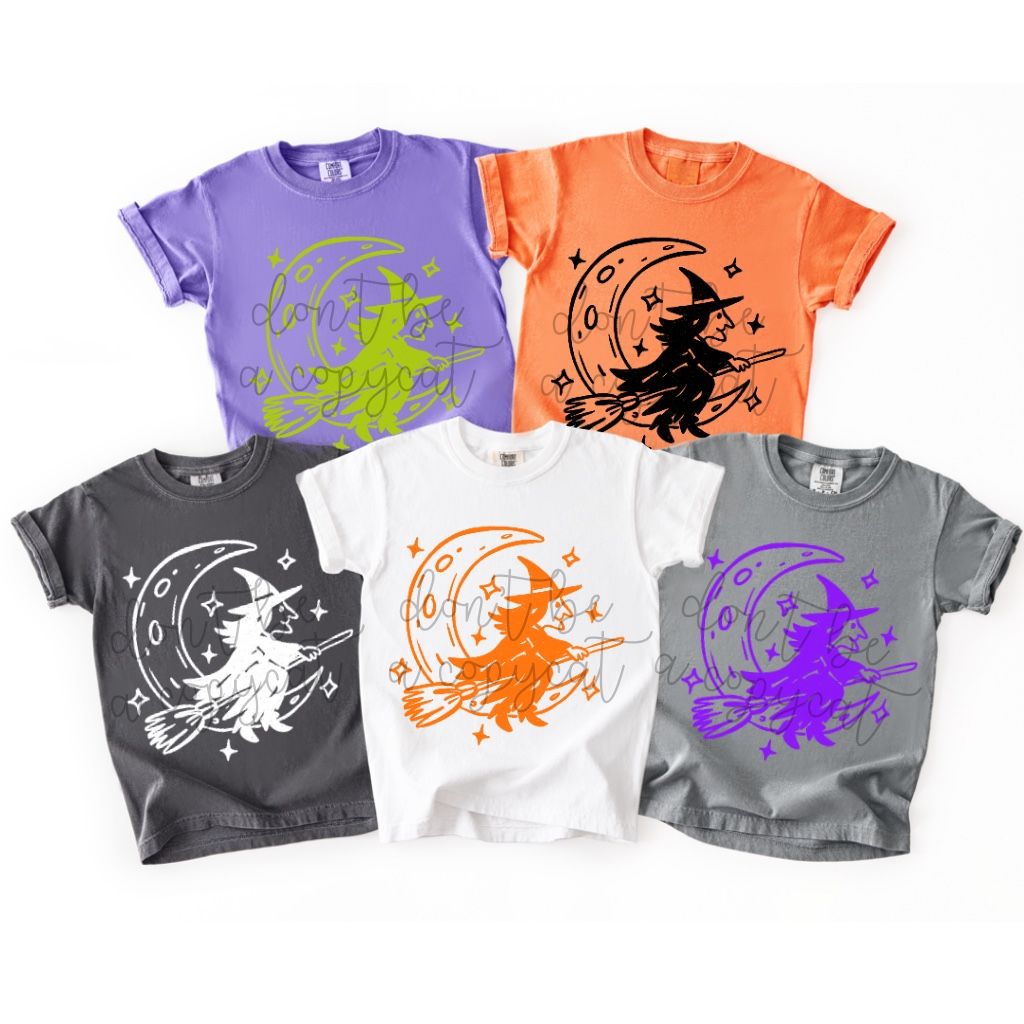 Halloween Doodles Moon and Witch,  PNG Design in 5 Colors Bat Ghost Spooky Halloween Design Pumpkin Witch Design Halloween Pumpkin DTF Sublimation