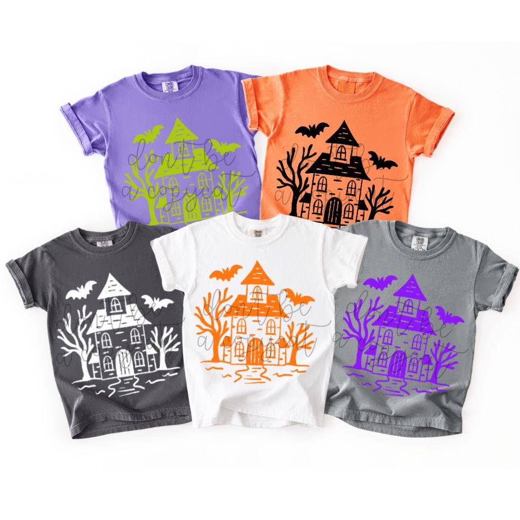 Halloween Doodles Haunted House PNG Design in 5 Colors Bat Ghost Spooky Halloween Design Pumpkin Witch Design Halloween Pumpkin DTF Sublimation