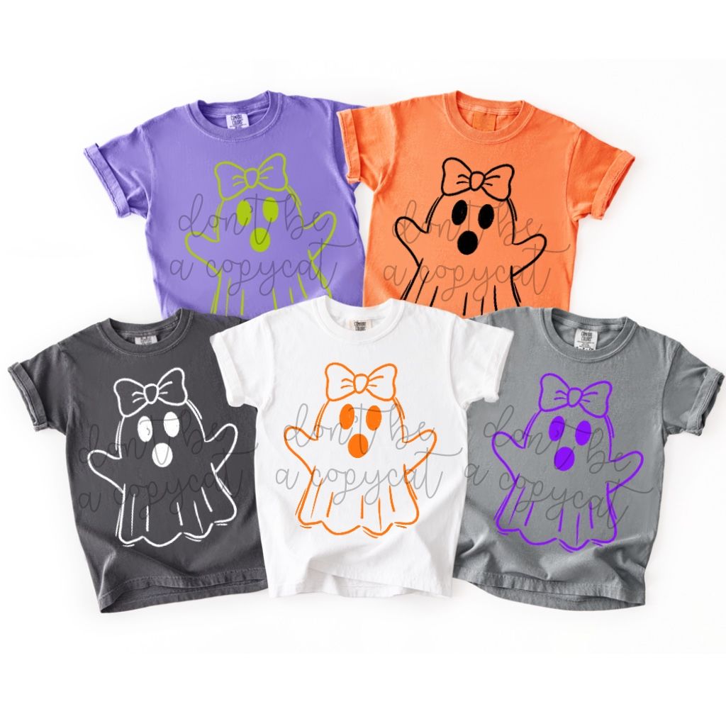 Halloween Doodles Girl Ghost with Bow PNG Design in 5 Colors Bat Ghost Spooky Halloween Design Pumpkin Witch Design Halloween Pumpkin DTF Sublimation