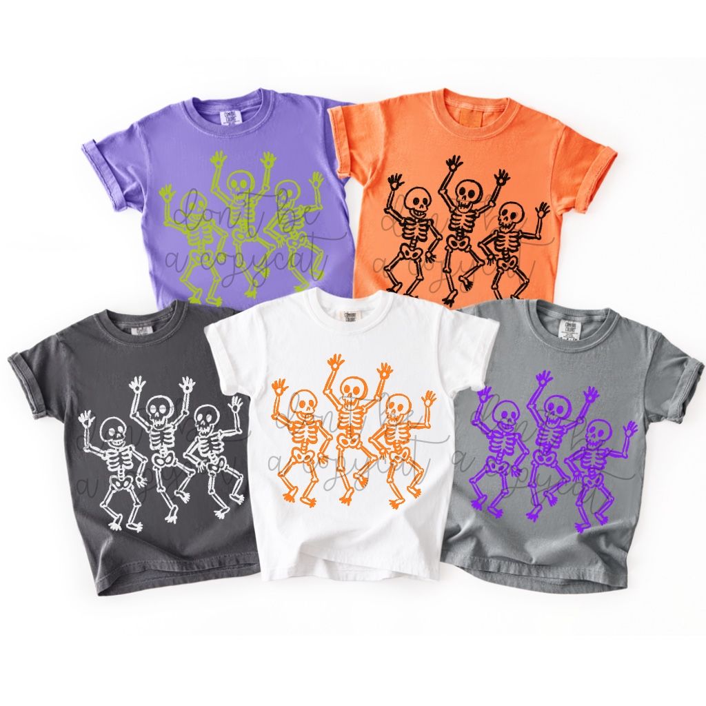 Halloween Doodles Dancing Skeletons,  PNG Design in 5 Colors Bat Ghost Spooky Halloween Design Pumpkin Witch Design Halloween Pumpkin DTF Sublimation