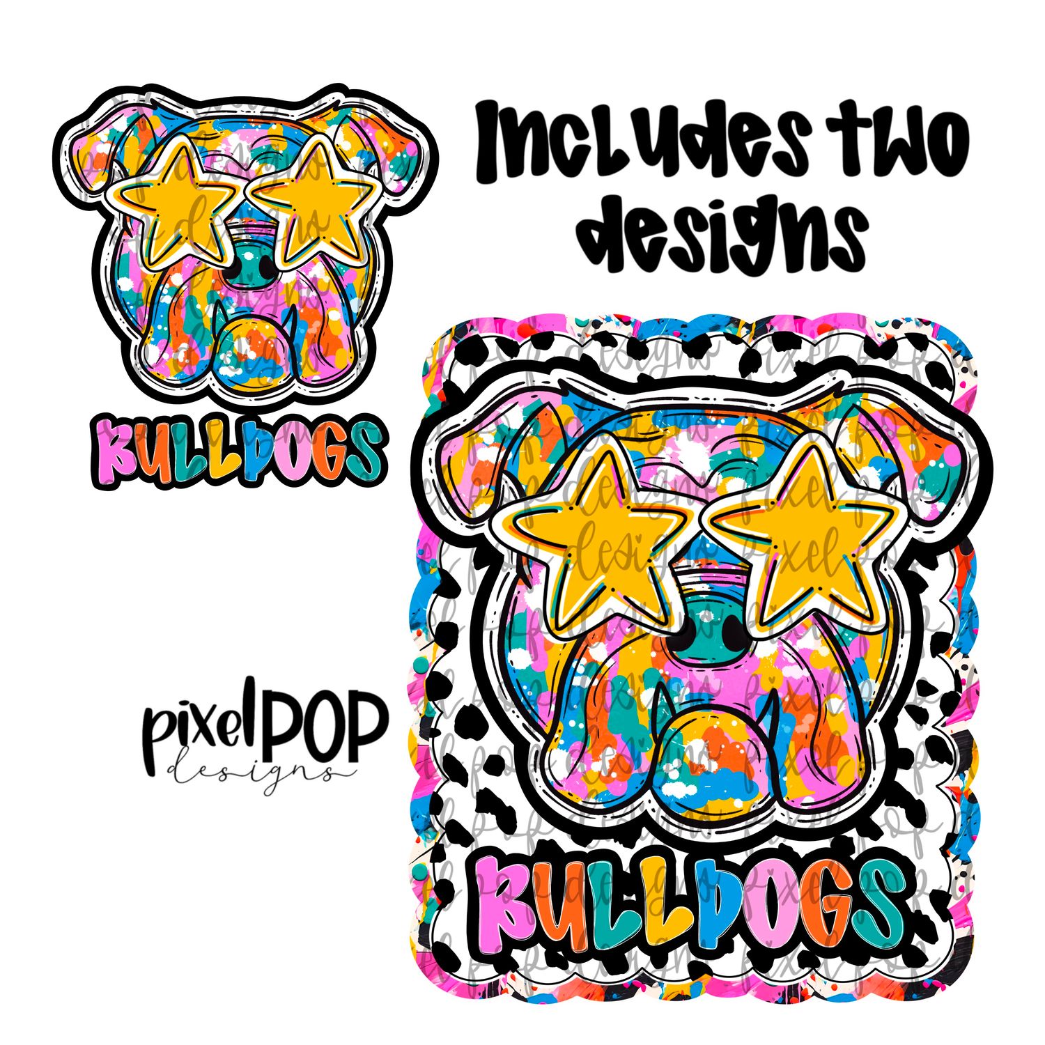 Graffiti Dotty Mascot Bulldog Bulldogs Hand Drawn PNG Design - You receive 2 separate PNG files
