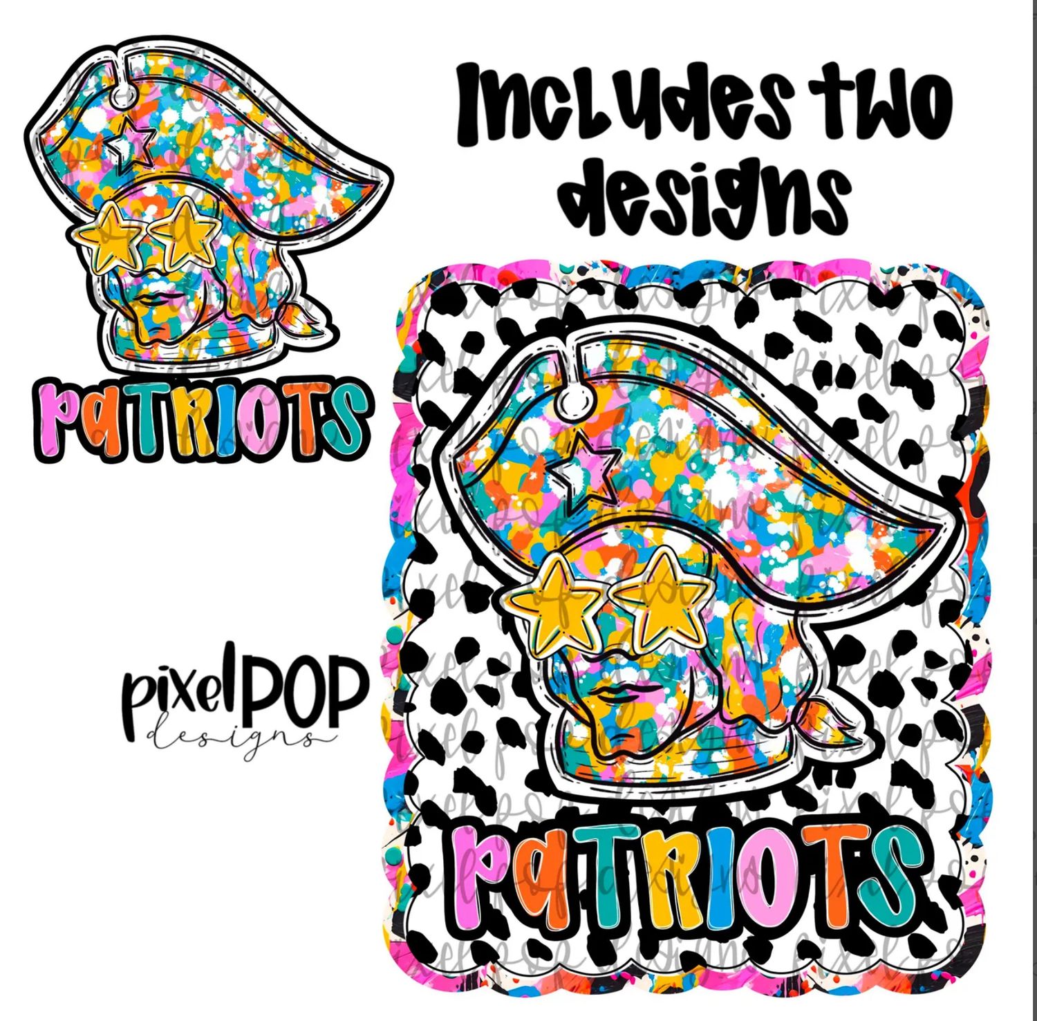 Graffiti Dotty Mascot Patriot Patriots Hand Drawn PNG Design - You receive 2 separate PNG files