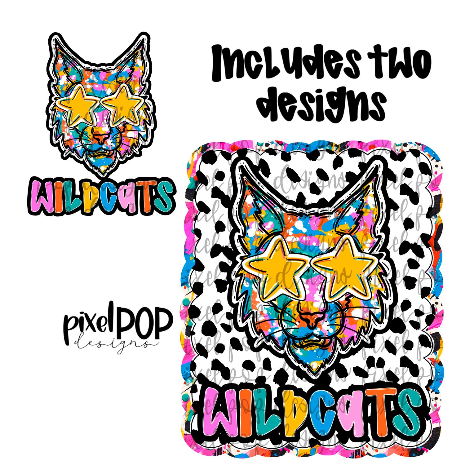 Graffiti Dotty Mascot Wildcat Wildcats Hand Drawn PNG Design - You receive 2 separate PNG files