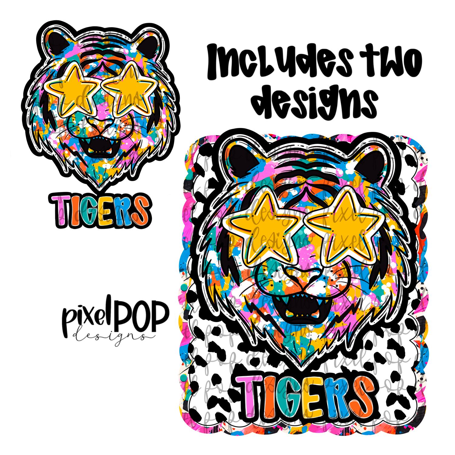 Graffiti Dotty Mascot Tiger Tigers Hand Drawn PNG Design - You receive 2 separate PNG files