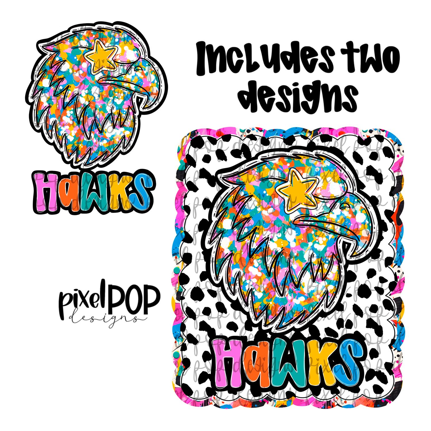 Graffiti Dotty Mascot Hawk Hawks Hand Drawn PNG Design - You receive 2 separate PNG files