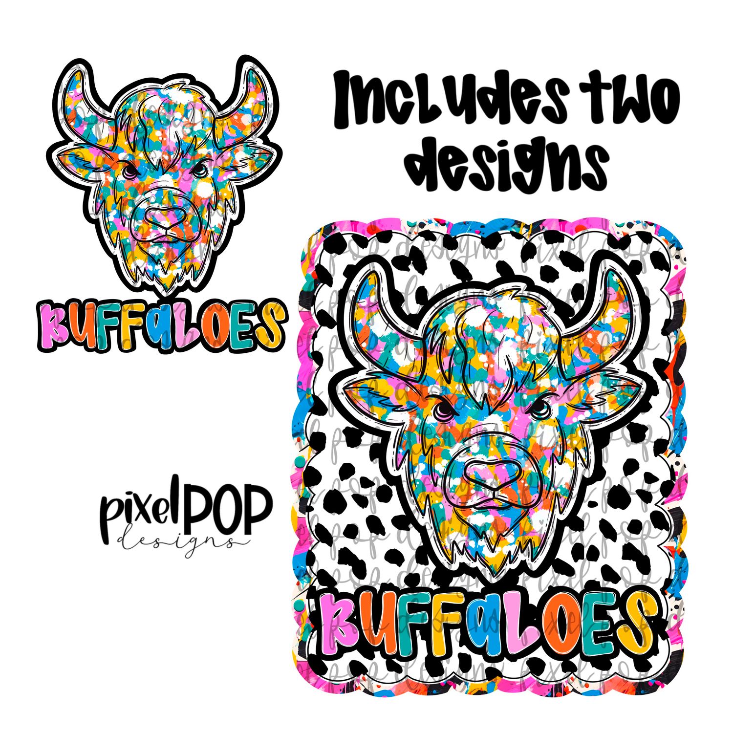 Graffiti Dotty Mascot Buffalo Buffaloes Hand Drawn PNG Design - You receive 2 separate PNG files