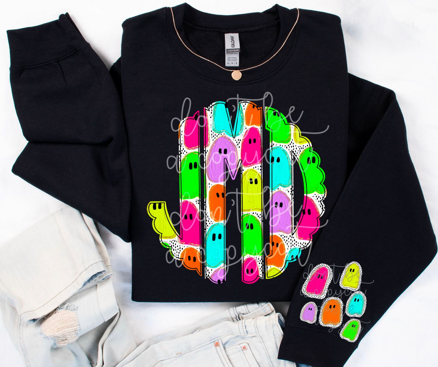 Neon Ghosts Circle Monogram Set with Additional Ghosts| Digital Monogram | Hand Painted | PNG | Sublimation Doodle Letter | Transfer Letters