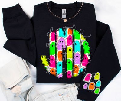 Neon Ghosts Circle Monogram Set with Additional Ghosts| Digital Monogram | Hand Painted | PNG | Sublimation Doodle Letter | Transfer Letters