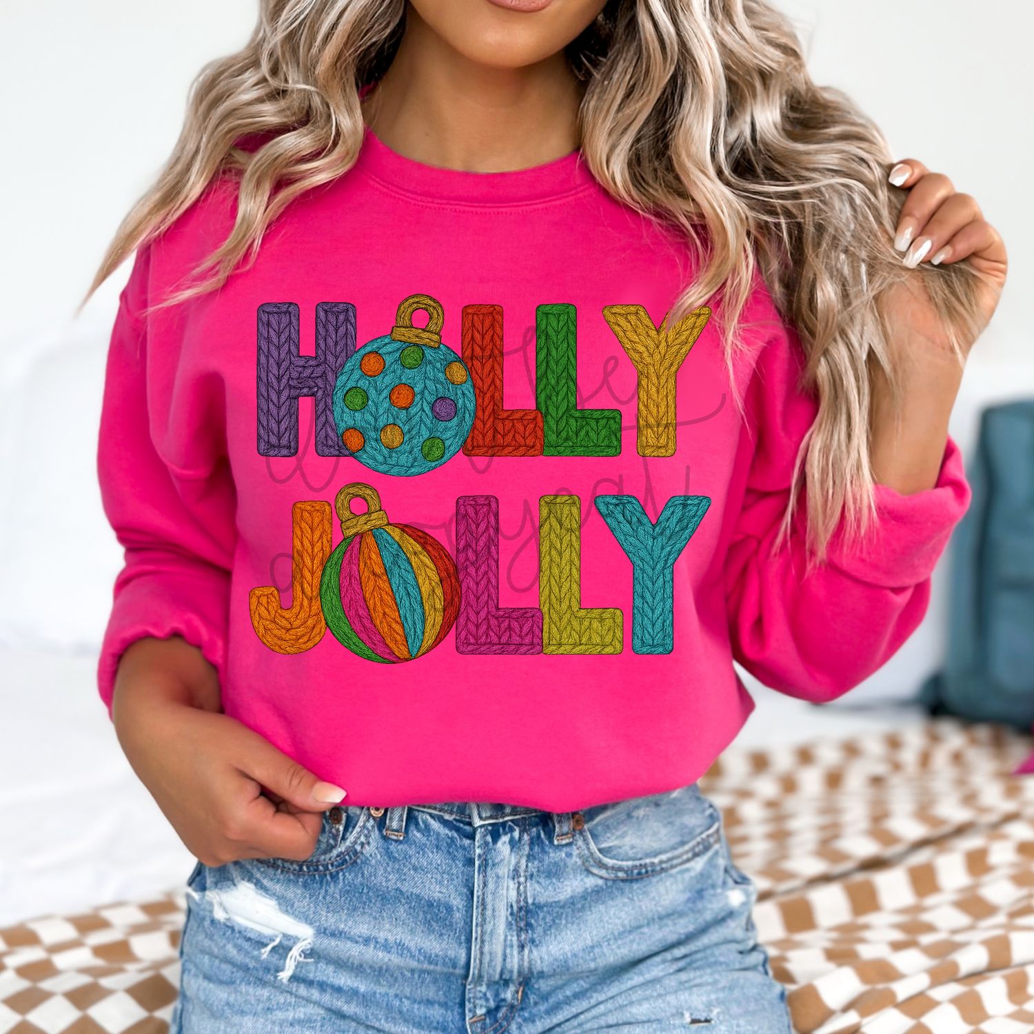 Faux Yarn Holly Jolly Christmas PNG with Ornaments