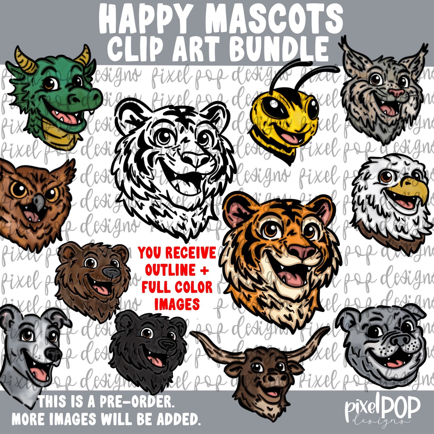 BUNDLE PRE-ORDER: Happy Mascot Clipart WITH Full Color and Outline Options
