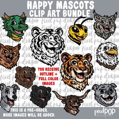 BUNDLE PRE-ORDER: Happy Mascot Clipart WITH Full Color and Outline Options