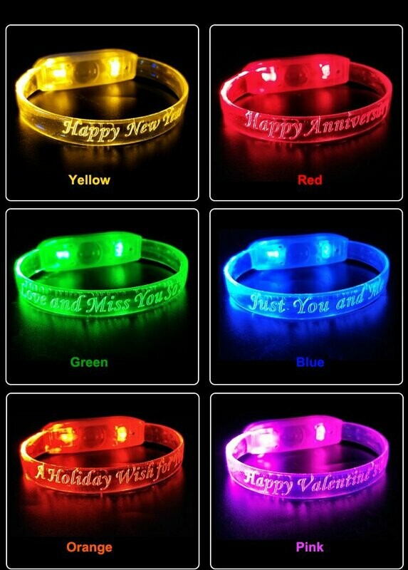 NEU Akustik + Motion Sensor actives LED leucht Armband transparent BRACELET Laser Gravur 21,5 x 1,0 TIZE