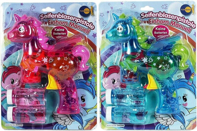 Seifenblasen Pistole BUBBLE GUN Einhorn mechanisch manuell LED mit Licht