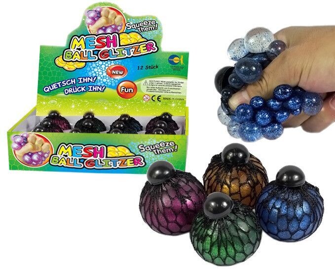 LED Wutball Antistressball Quetschball 7cm Ball Mesh crazy Glitzer rot blau grün gelb