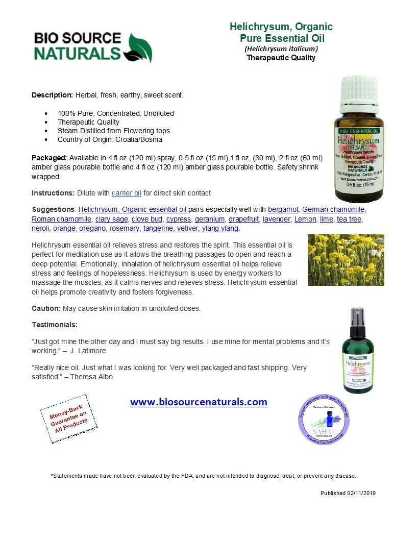 Helichrysum, Organic (Helichrysum italicum) Pure Essential Oil Product Bulletin