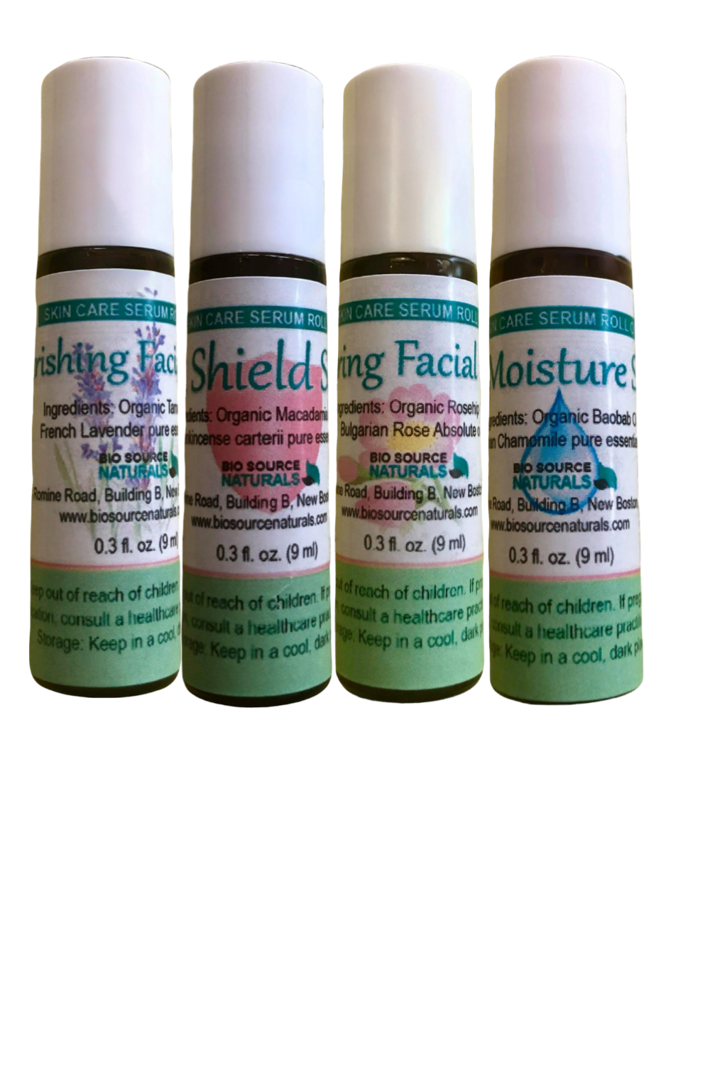 Facial Serum Roll-On Collection (Set of 4) - 0.3 fl oz (9 ml) Amber Glass Roll-On Bottle with Stainless Steel Roller Ball and Cap