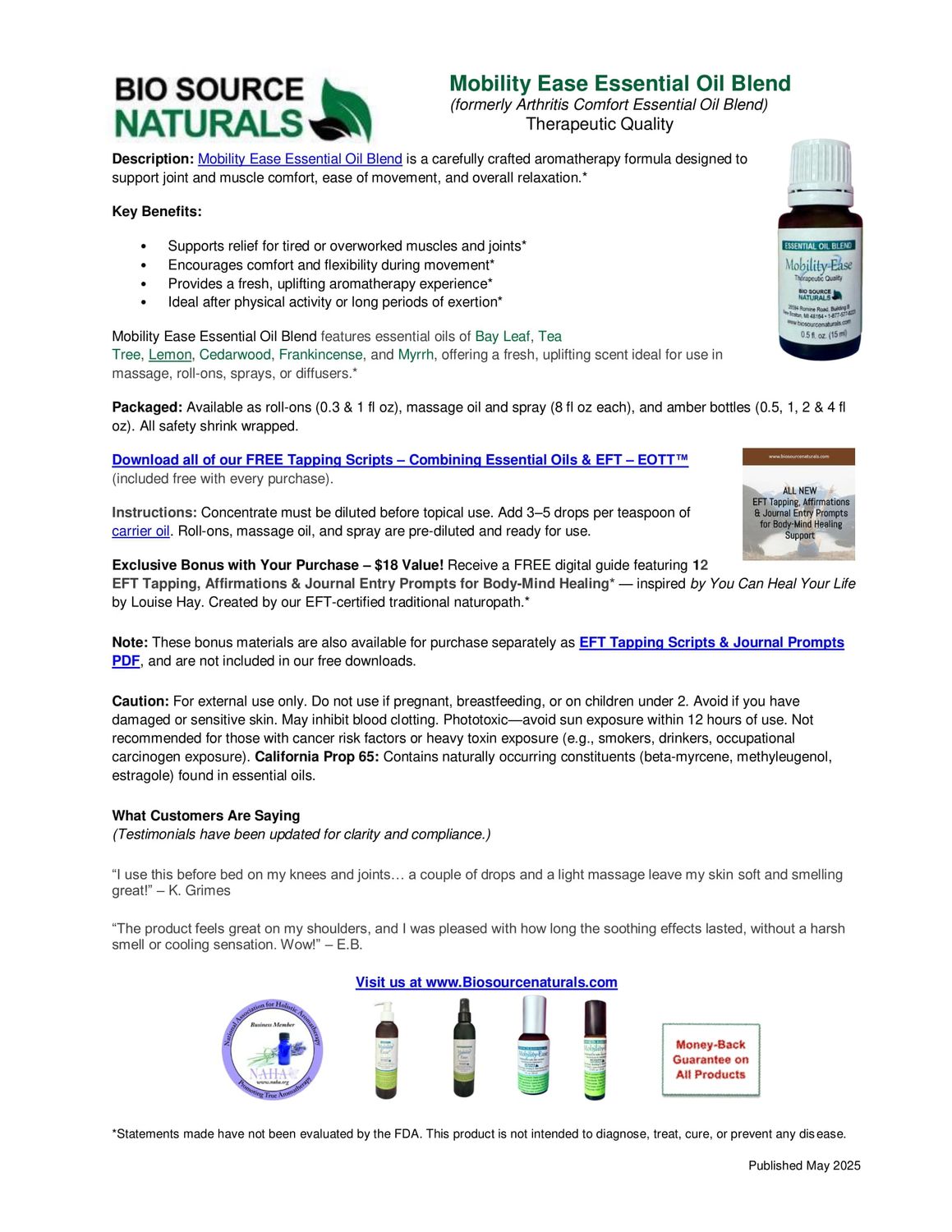 Mobility Ease Essential Oil Blend Product Bulletin