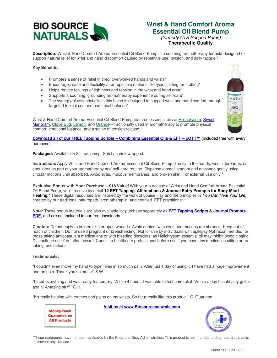 Wrist and Hand Comfort Aroma Essential Oil Blend Pump Product Bulletin