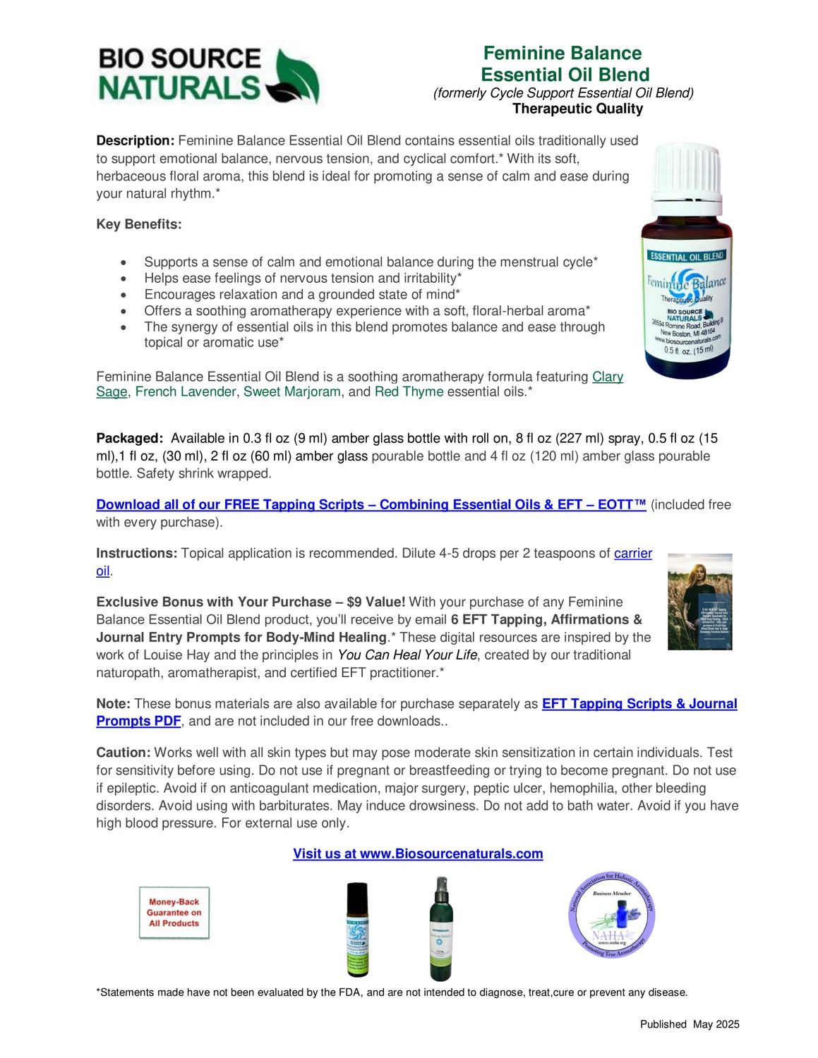 Feminine Balance Essential Oil Blend Product Bulletin – Emotional Calm &amp; Monthly Cycle Support by BioSource Naturals