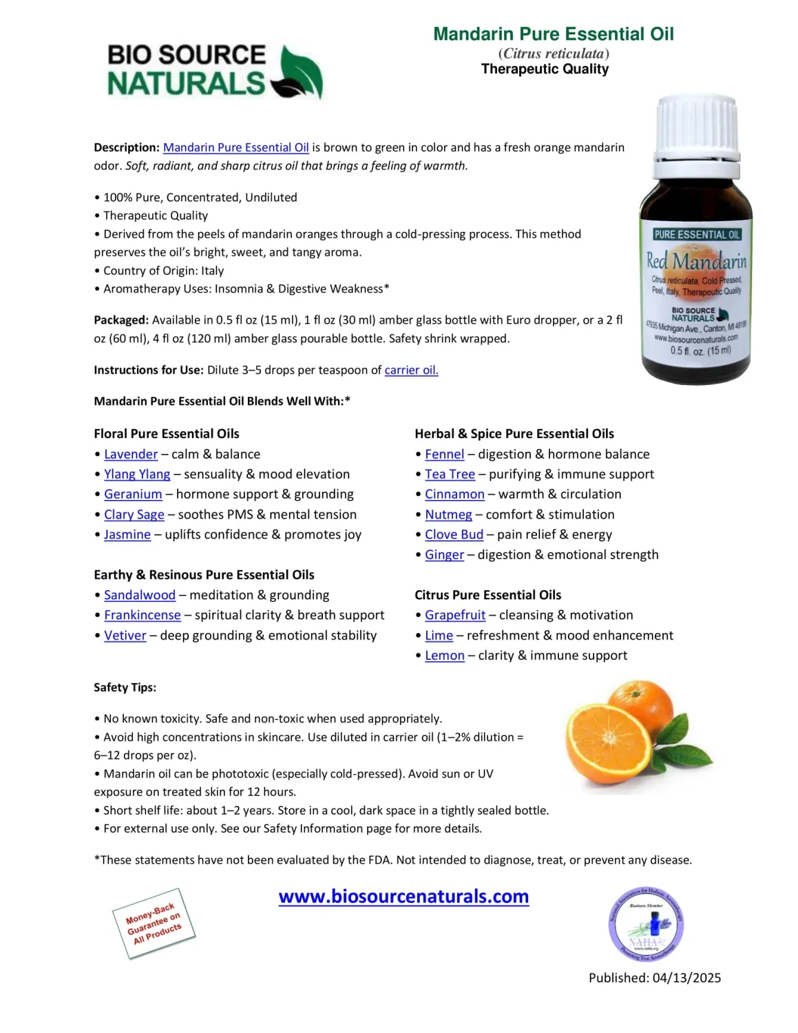 Mandarin Pure Essential Oil Product Bulletin