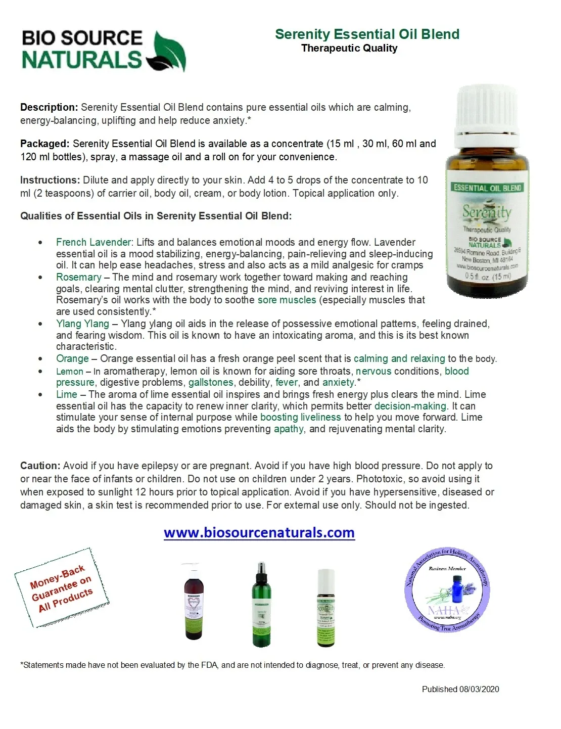 Serenity Essential Oil Blend Product Bulletin