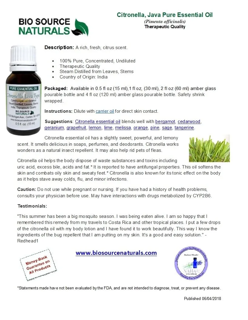 Citronella Pure Essential Oil - Java Type - Product Bulletin