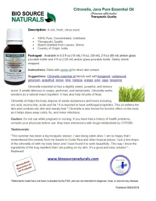 Citronella Pure Essential Oil - Java Type - Product Bulletin
