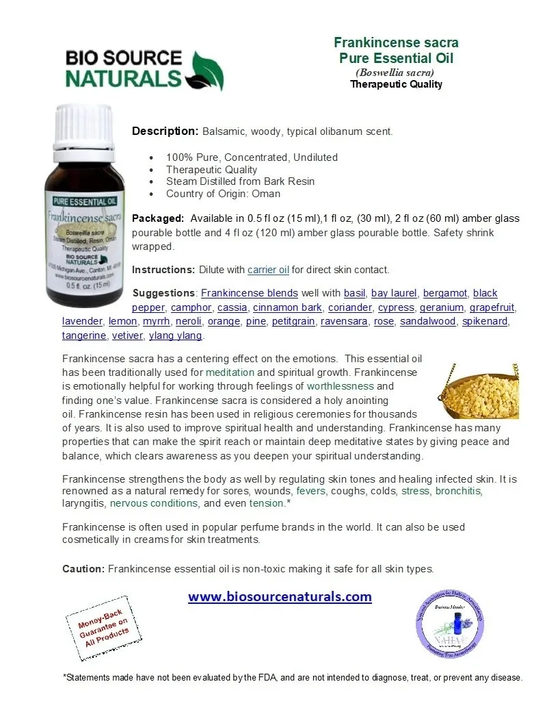 Frankincense, Boswellia sacra &quot;Sacred&quot; Pure Essential Oil Product Bulletin