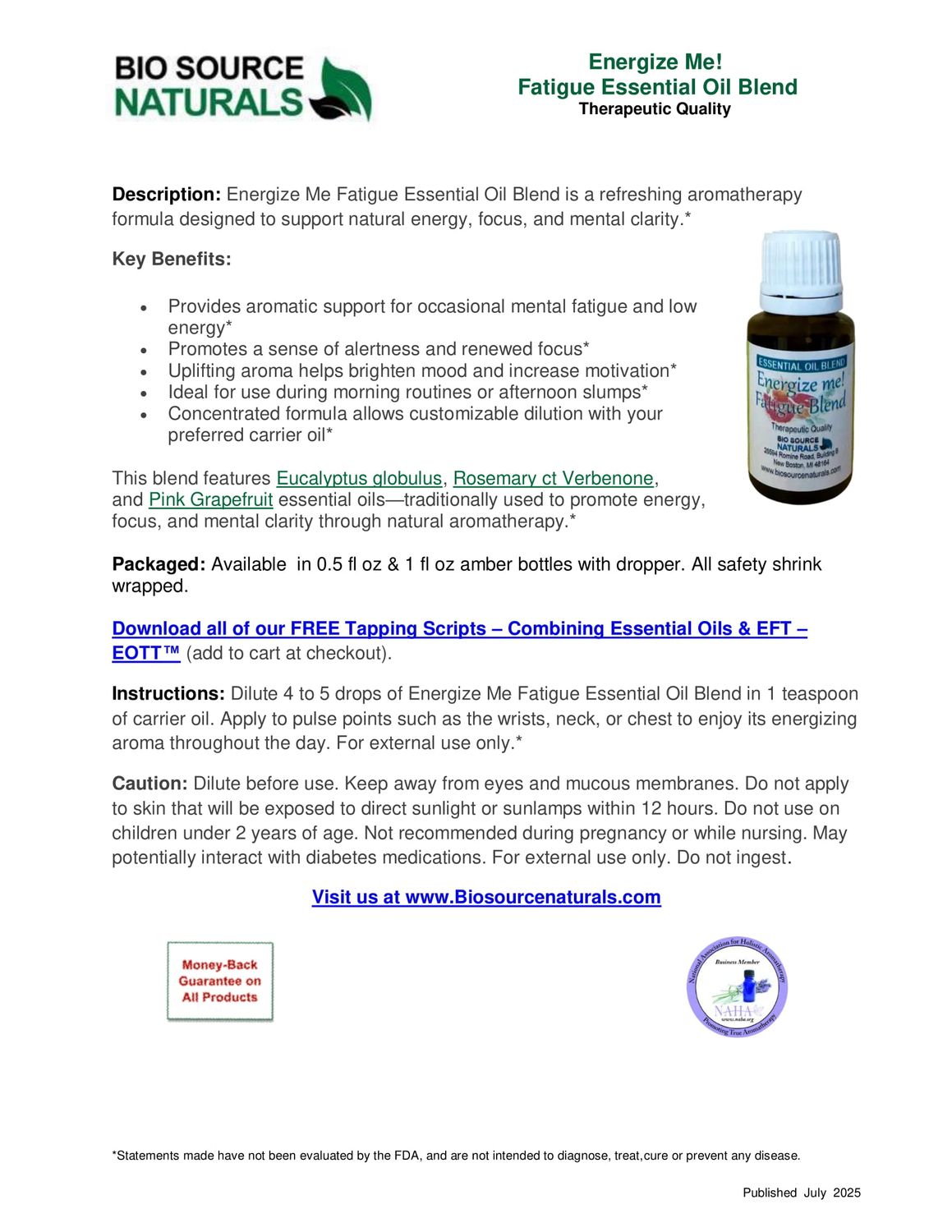 Energize Me Fatigue Essential Oil Blend Product Bulletin – BioSource Naturals Overview of Ingredients, Benefits, and Usage