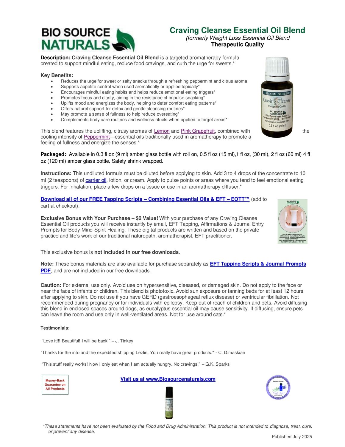 Craving Cleanse Essential Oil Blend Product Bulletin – BioSource Naturals Ingredient &amp; Usage Information