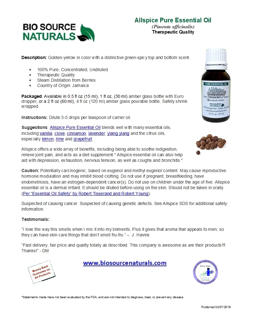 Allspice Pure Essential Oil Analysis Report